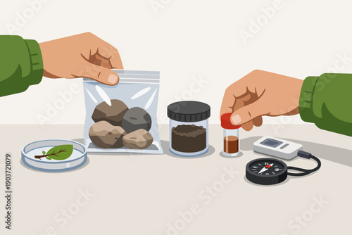 Scientists conducting field research, collecting soil samples and rock specimens