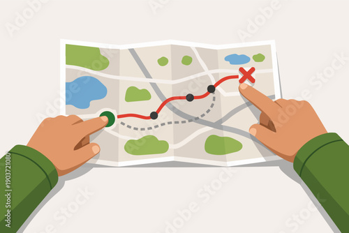 Hands planning a route on a folded paper map, marking start and destination points