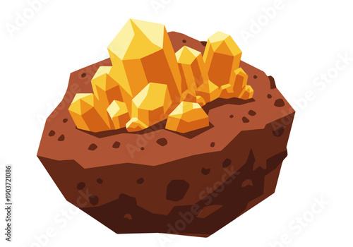 A stylized illustration depicts a mineral asteroid ore cluster embedded in dark soil.  Bold, textured design for commercial use.  Visually striking and informative.