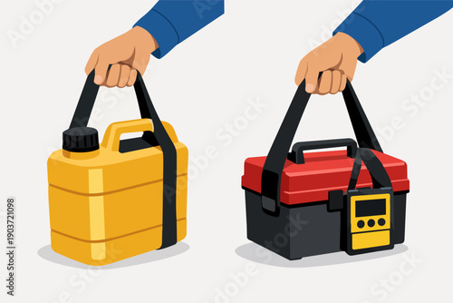 Hands carrying portable jerrycan and toolbox with equipment for repair and service
