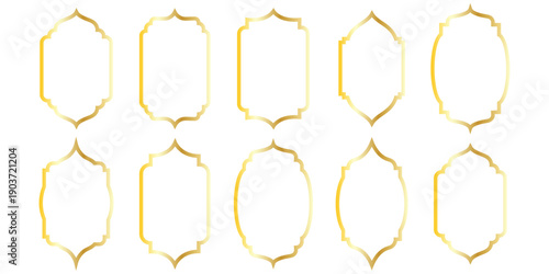 Islamic golden frames collection. Traditional Arabic door and window frames. Oriental mosque arch in luxury style. Set of outline Arabic golden frames and windows with Islamic geometric patterns