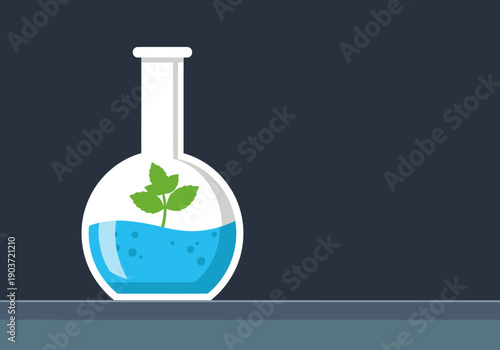 A vibrant flask contains a small plant, symbolizing growth and innovation. Perfect for biotech, science, or nutrition themes. Clean, modern design.