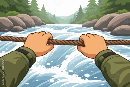 Person hands gripping rope during river crossing in a wild forest