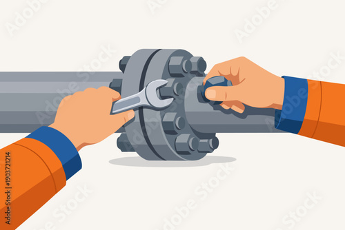 Worker hands repairing pipeline connection using wrench for maintenance task