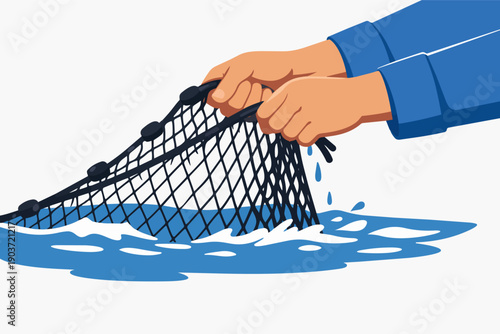 Fisherman hands pulling fishing net from water with splashing drops