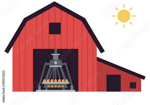 A vibrant illustration depicts a modern egg farm facility with a red barn and automated egg collection system under a sunny sky. Clean, bright, and commercially appealing.