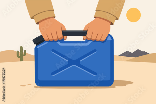 Person carrying plastic jerrycan for essential water in hot desert environment