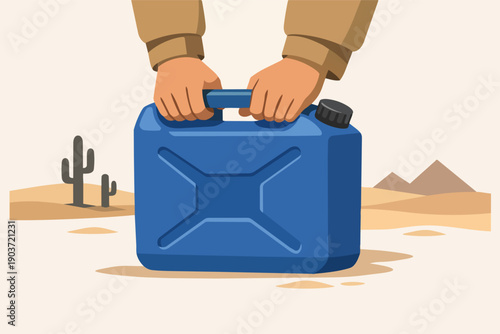 Person carrying blue water jerrycan in arid desert for survival during drought