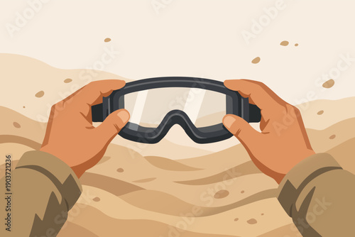 Hands holding protective goggles ready for desert sandstorm conditions