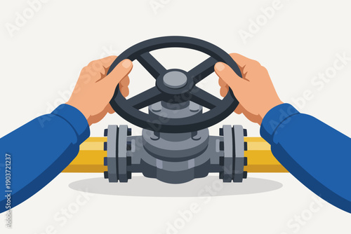 Hands controlling industrial valve handle on pipeline adjusting flow
