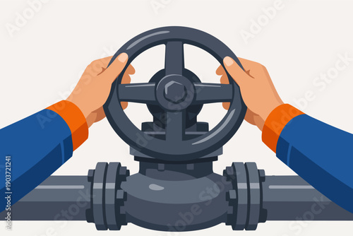 Worker hands turning industrial valve, managing pipeline flow and energy supply