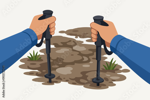 Hands holding trekking poles on a challenging muddy path, hiking adventure concept