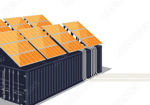 vibrant illustration showcases a solar-powered container farm highlighting sustainable energy and modern design Clean lines and bright colors create a visually appealing and commercially viable image