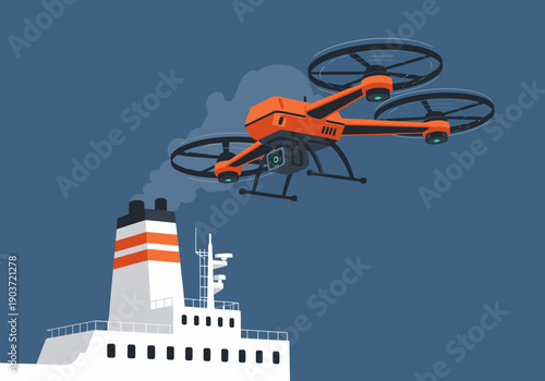 A vibrant orange drone inspects a ship at a port. Modern illustration showcasing drone inspection technology. Clean, professional design.