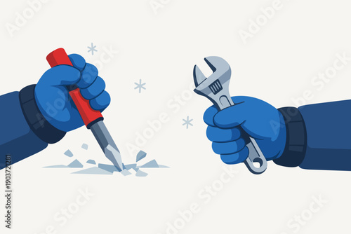 Gloved hands ready for winter maintenance, breaking ice with chisel and holding wrench