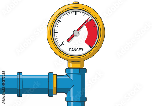 A vibrant pressure gauge displays a high reading, indicating danger. Clear, detailed illustration for safety and industrial themes. Bright colors and sharp focus.
