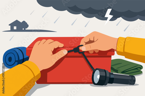 Preparing emergency survival kit for storm or disaster with flashlight and supplies