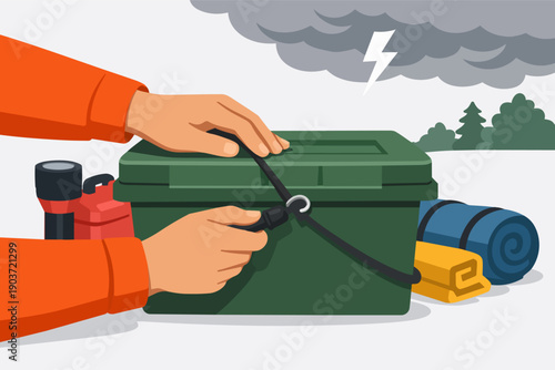 Hands preparing an emergency kit for disaster preparedness during a storm