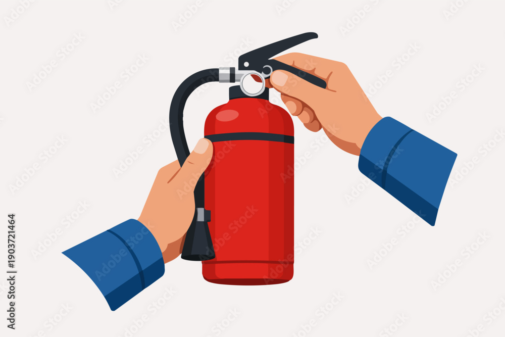 Naklejka premium Hands holding fire extinguisher, pulling pin for emergency fire safety and protection