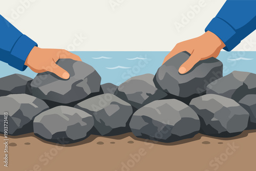 Hands building a rock wall or dike protecting against water and flood