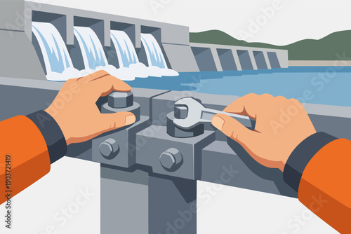 Worker hands using wrench on bolts, performing maintenance at a large hydropower plant
