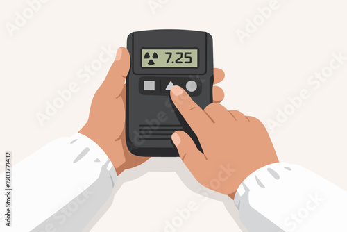 Hands holding a radiation detector measuring levels for safety and protection