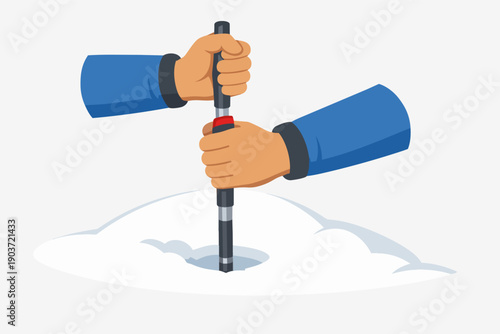 Hands probing snow for avalanche rescue victims with safety equipment