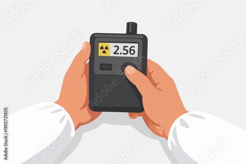 Hands holding a radiation detector displaying a dose reading and warning symbol