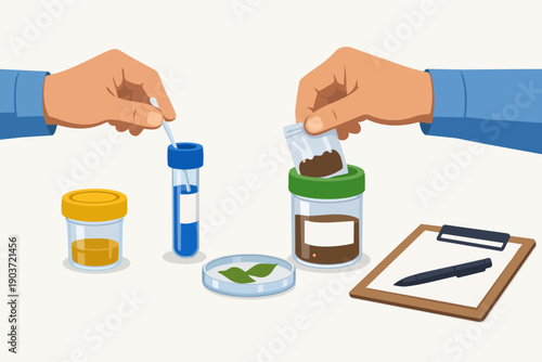 Medical laboratory technicians collecting human biological samples for health testing