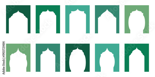 Ramadan Islamic architecture frames set. Arabic windows, arches and doors with decorative oriental style. Vector elements isolated