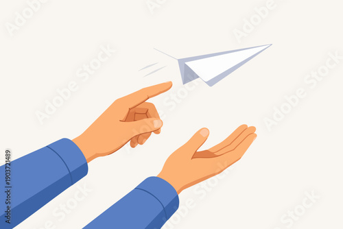 Hands launching paper plane symbolizing idea delivery and communication success