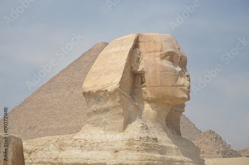 The pyramid of Khafre or of Chephren with a statue of a sphinx in the foreground