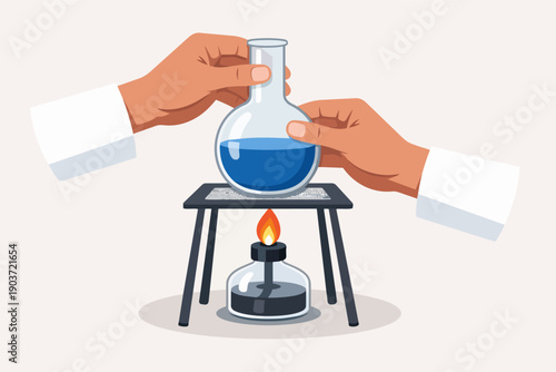 Hands holding a round bottom flask with blue liquid over a spirit lamp
