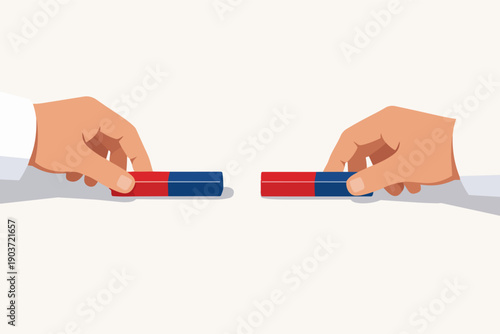Hands holding bar magnets, repelling force between like poles illustration