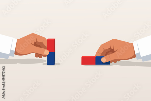 Hands holding bar magnets attracting, showing connection and magnetic force in science