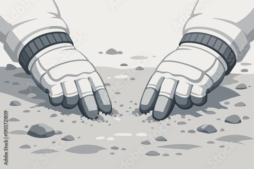 Astronaut hands exploring lunar surface, collecting samples and discovering alien ground