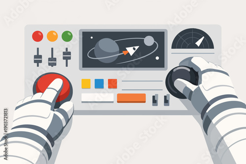 Astronaut controlling spaceship mission, navigating space using cockpit controls