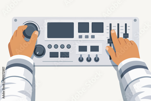 Hands operating audio control panel adjusting levels for sound mixing and broadcast