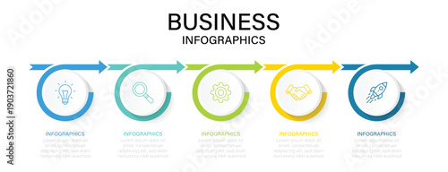 Business info graphics. Business concept with 5 steps or options. Timeline with 5 options, steps or processes. Creative design with marketing icons.