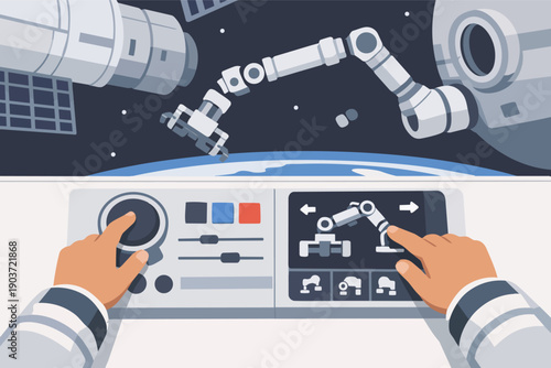 Astronaut operating robotic arm in space from a control panel