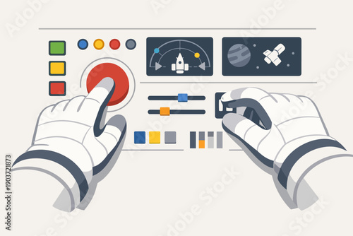Astronaut hands operating spaceship control panel, pressing buttons, exploring space