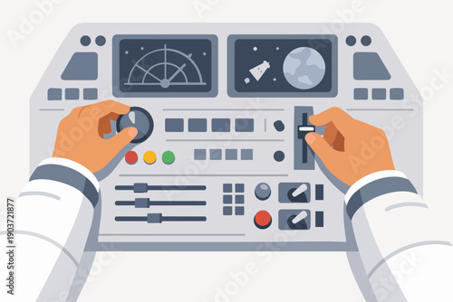 Astronaut hands operating a spaceship control panel driving a space mission