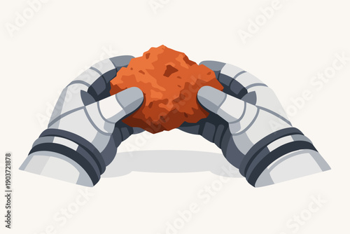 Astronaut hands exploring mars surface, discovering space rock and soil sample