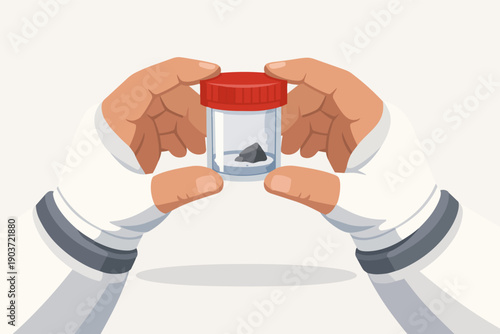 Hands holding a specimen cup containing a kidney stone for medical analysis