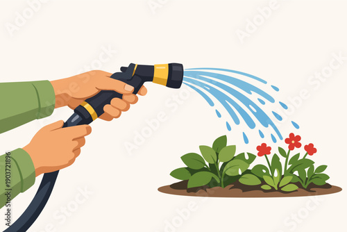 Hands holding a watering hose, spraying water on green plants and red flowers