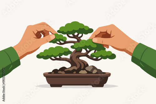 Hands caring for bonsai tree, delicate pruning and shaping for healthy growth