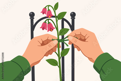 Hands tying plant stem to garden trellis, supporting flower growth and care