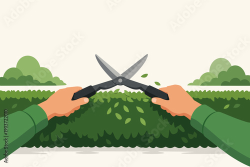 Hands using shears trimming a green garden hedge, performing pruning and landscaping tasks