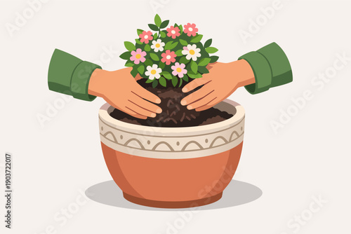 Hands planting flower bush in terracotta pot, symbolizing gardening hobby and growth