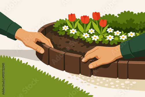Hands installing garden edging around a flower bed with tulips and daisies